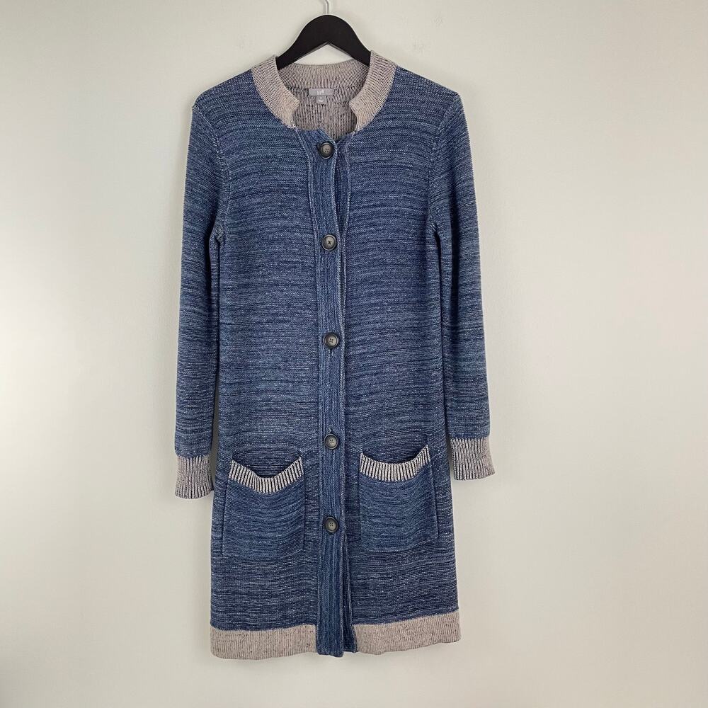 J. Jill Women's Long Button Front Cardigan Size S Tan & Blue Patch Pockets